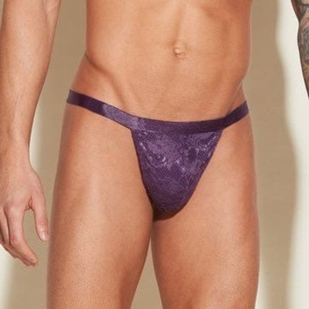 Cosabella Men's Signature stretch  Italian Lace Thong Purple Designer Underwear